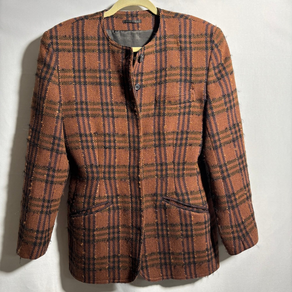 VTG Austin‎ Reed Brown Black Plaid Mohair Wool Button Up Jacket Heritage Prep M